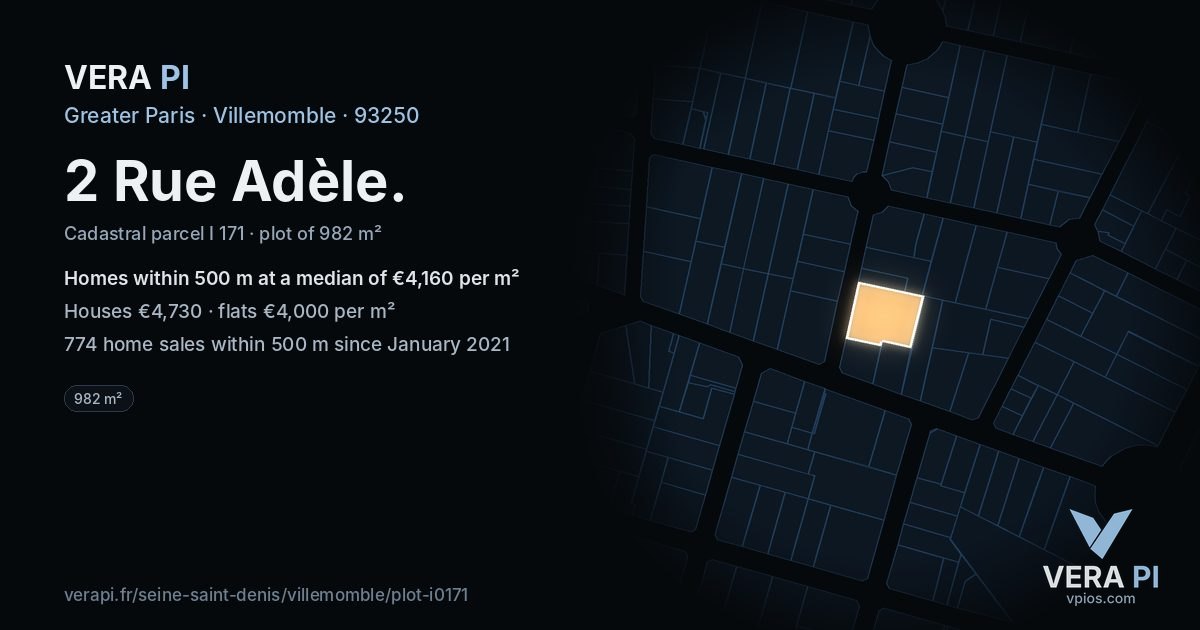 2 Rue Adèle, Villemomble at night – the plot lit, the parcels around coloured by the prices near them