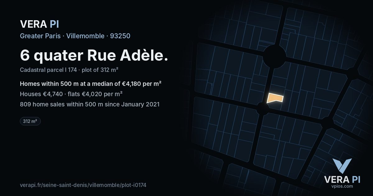 6 quater Rue Adèle, Villemomble at night – the plot lit, the parcels around coloured by the prices near them