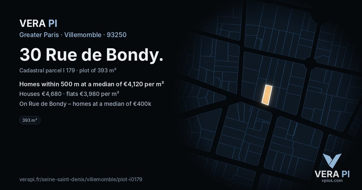 30 Rue de Bondy, Villemomble at night – the plot lit, the parcels around coloured by the prices near them
