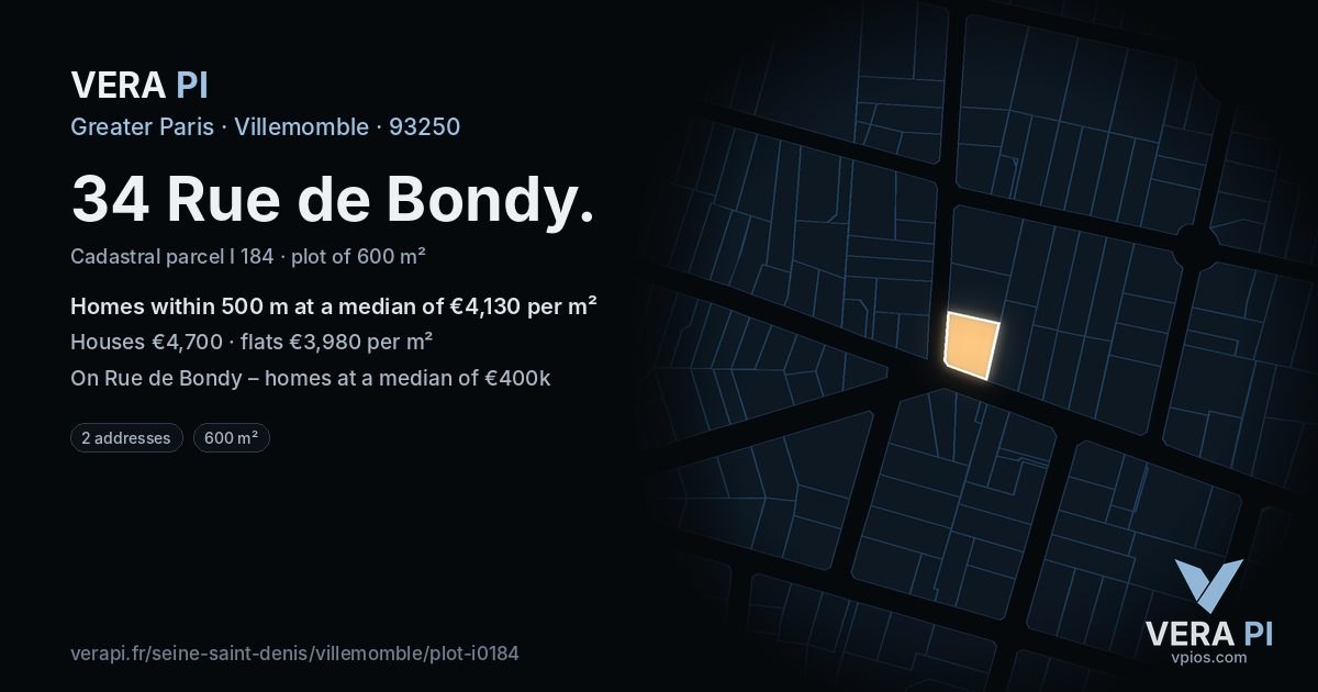 34 Rue de Bondy, Villemomble at night – the plot lit, the parcels around coloured by the prices near them