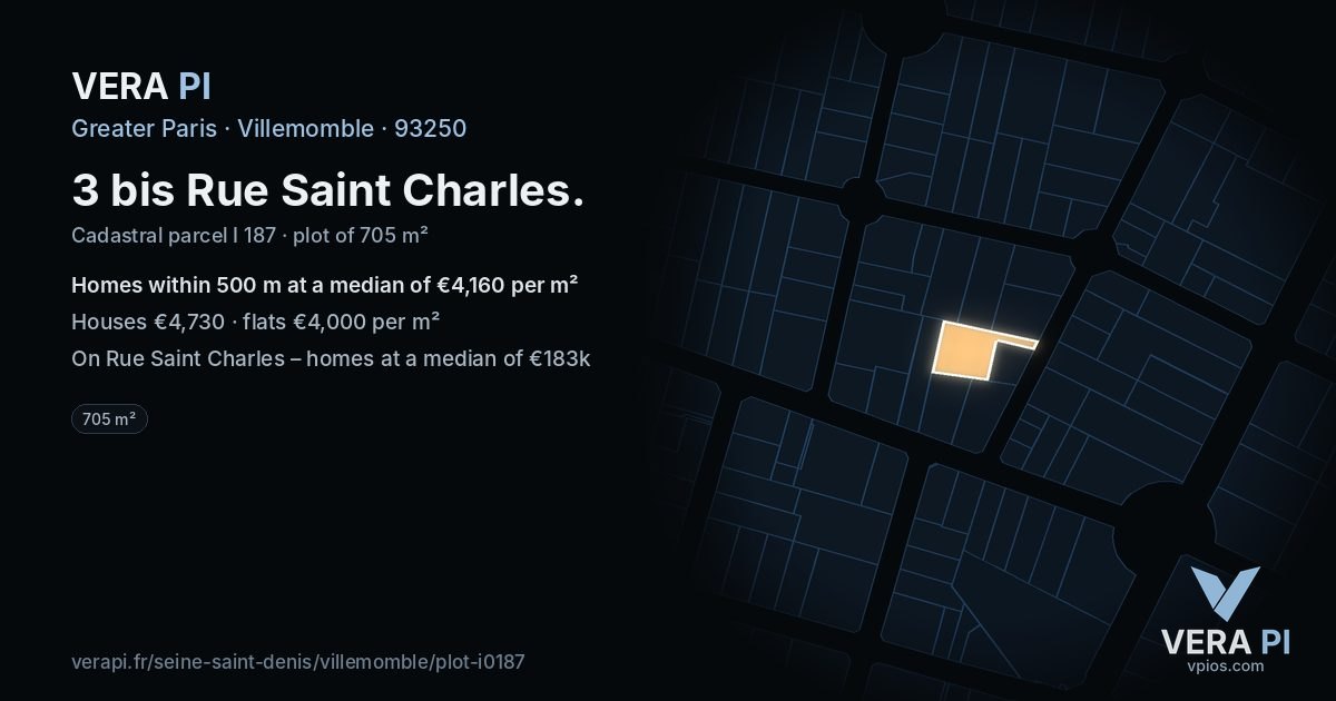 3 bis Rue Saint Charles, Villemomble at night – the plot lit, the parcels around coloured by the prices near them