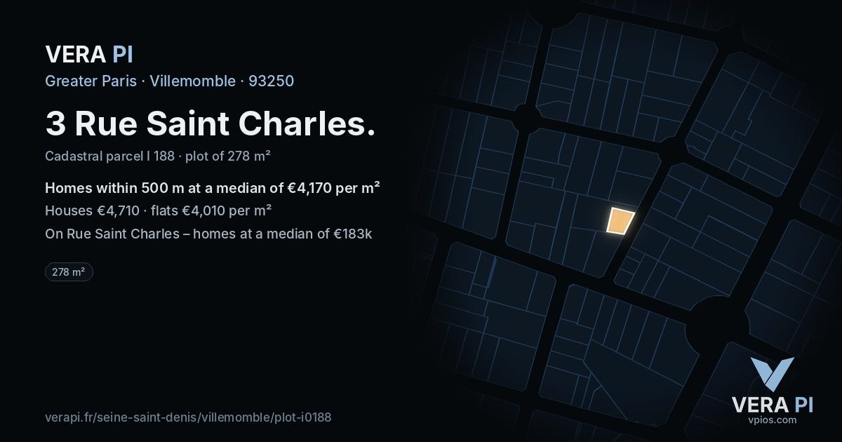 3 Rue Saint Charles, Villemomble at night – the plot lit, the parcels around coloured by the prices near them