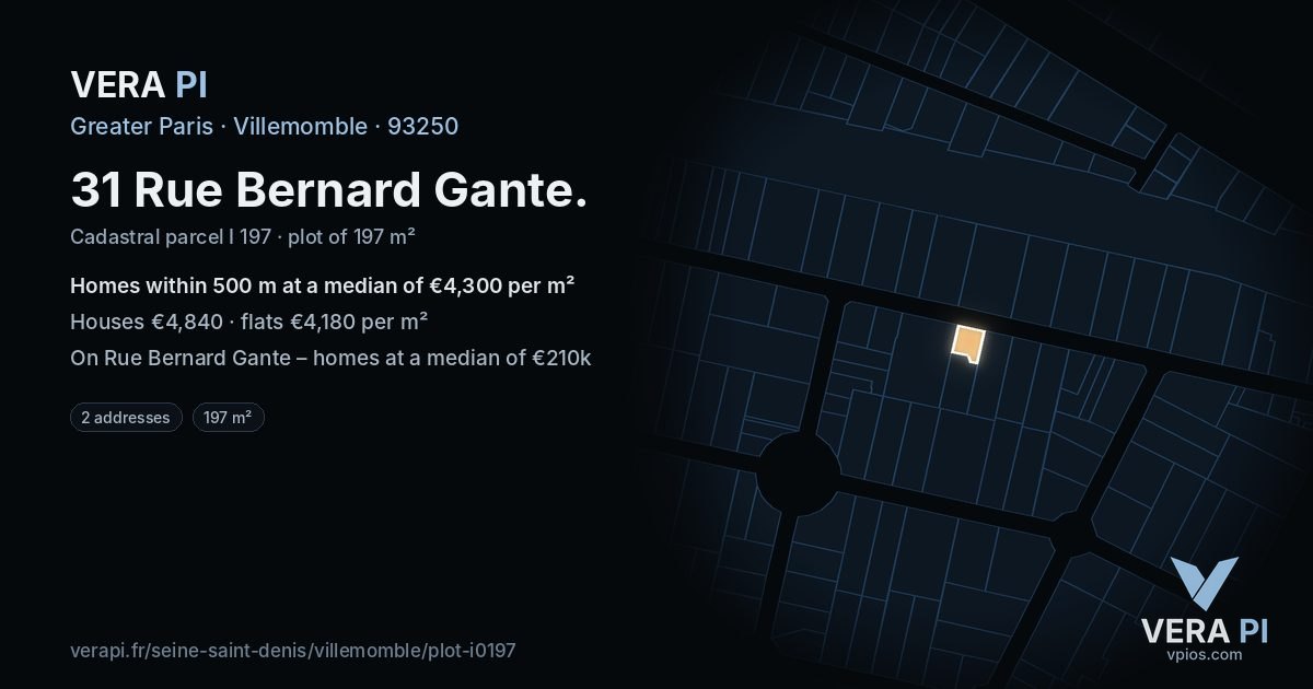 31 Rue Bernard Gante, Villemomble at night – the plot lit, the parcels around coloured by the prices near them