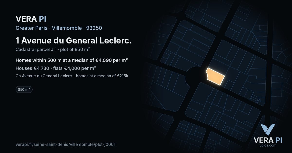 1 Avenue du General Leclerc, Villemomble at night – the plot lit, the parcels around coloured by the prices near them