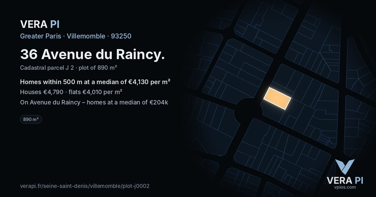 36 Avenue du Raincy, Villemomble at night – the plot lit, the parcels around coloured by the prices near them