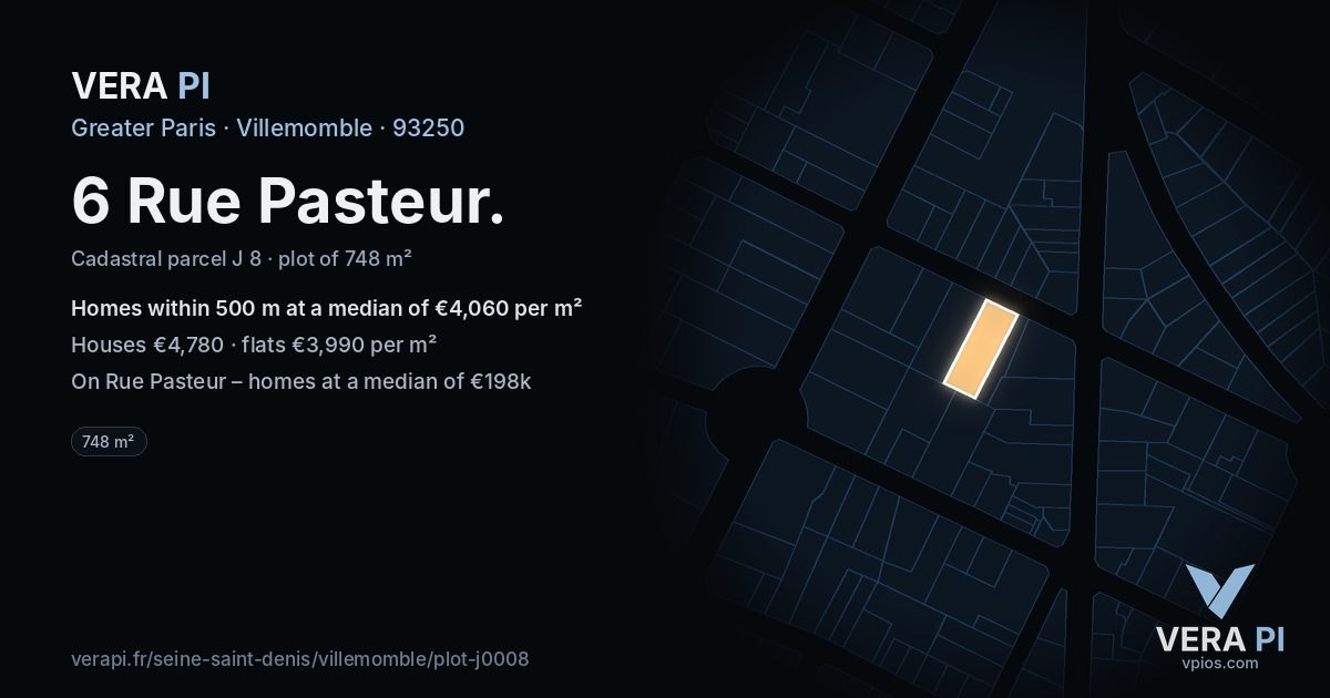 6 Rue Pasteur, Villemomble at night – the plot lit, the parcels around coloured by the prices near them