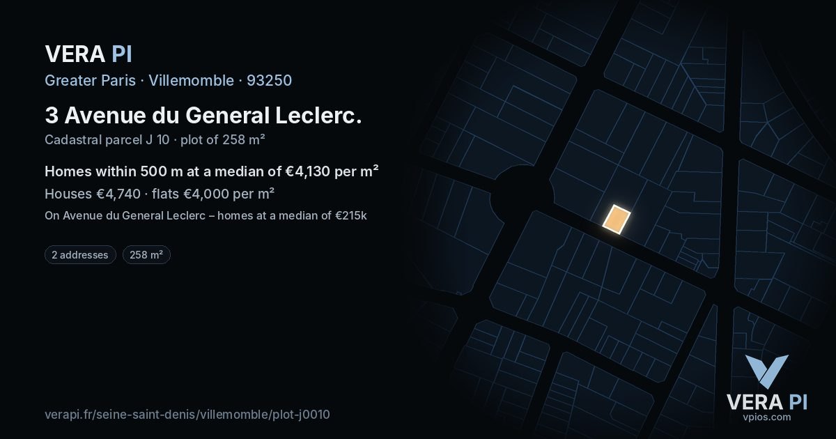 3 Avenue du General Leclerc, Villemomble at night – the plot lit, the parcels around coloured by the prices near them