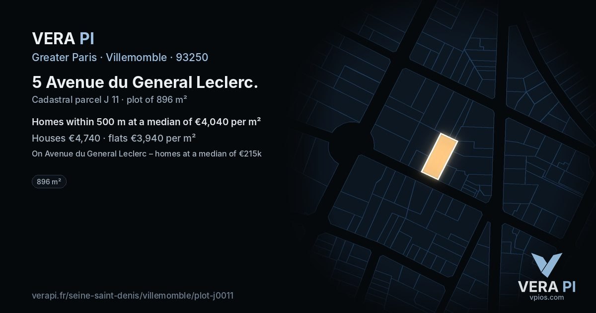 5 Avenue du General Leclerc, Villemomble at night – the plot lit, the parcels around coloured by the prices near them