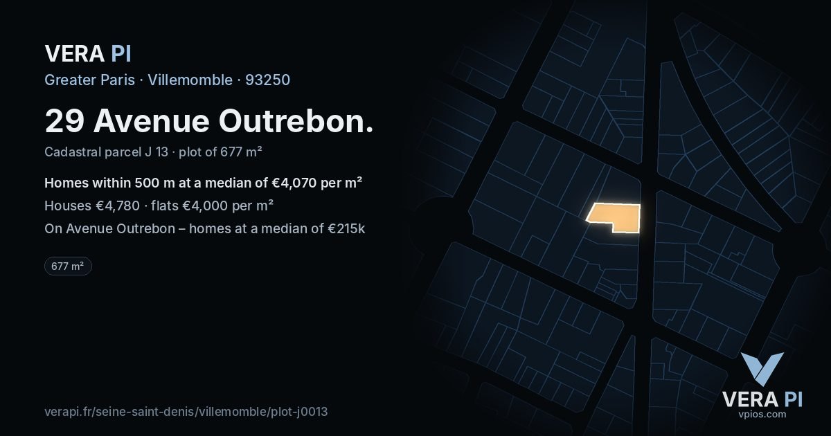 29 Avenue Outrebon, Villemomble at night – the plot lit, the parcels around coloured by the prices near them