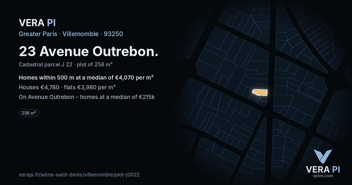 23 Avenue Outrebon, Villemomble at night – the plot lit, the parcels around coloured by the prices near them