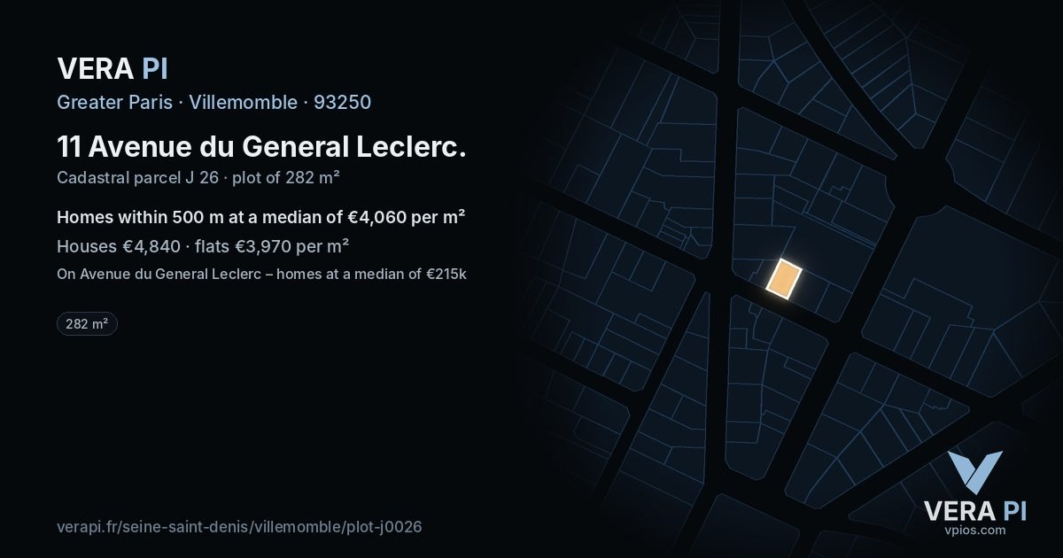 11 Avenue du General Leclerc, Villemomble at night – the plot lit, the parcels around coloured by the prices near them
