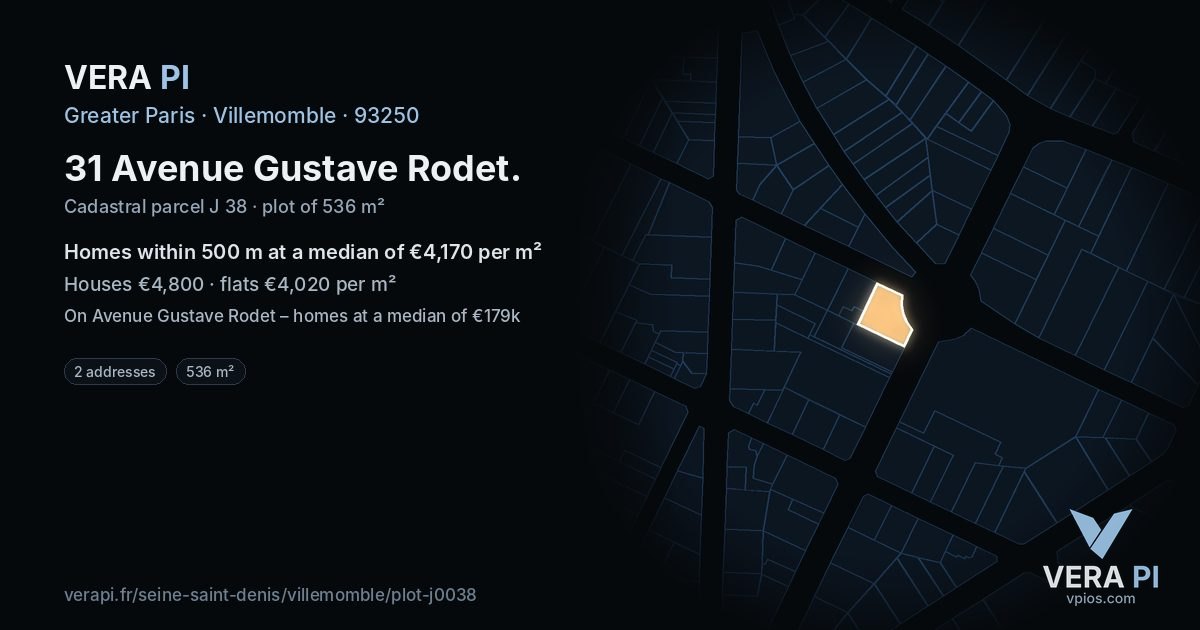 31 Avenue Gustave Rodet, Villemomble at night – the plot lit, the parcels around coloured by the prices near them