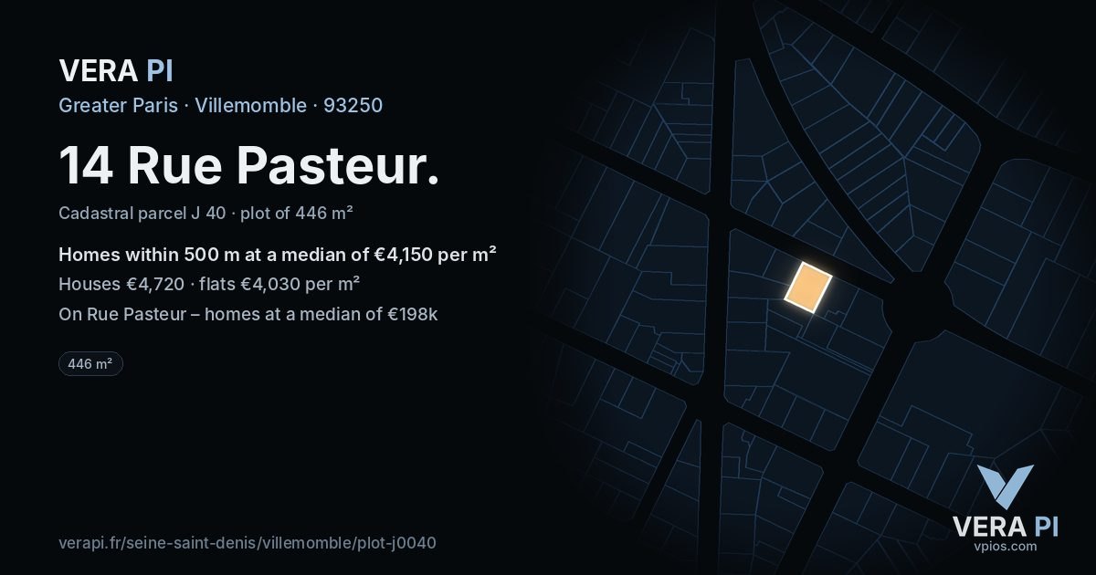 14 Rue Pasteur, Villemomble at night – the plot lit, the parcels around coloured by the prices near them