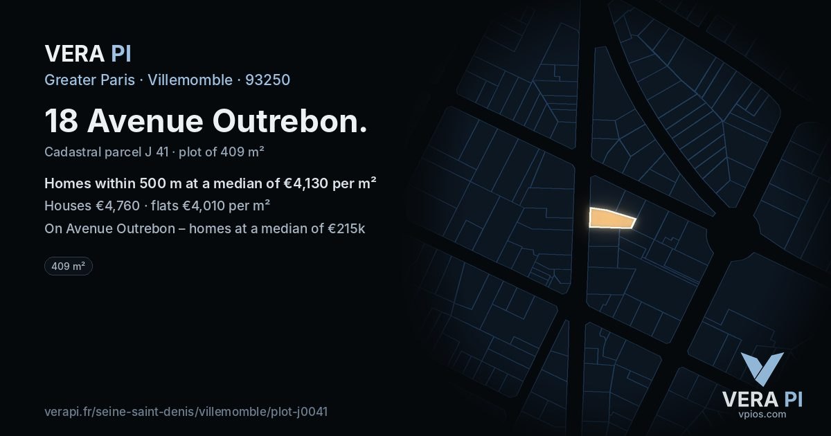 18 Avenue Outrebon, Villemomble at night – the plot lit, the parcels around coloured by the prices near them