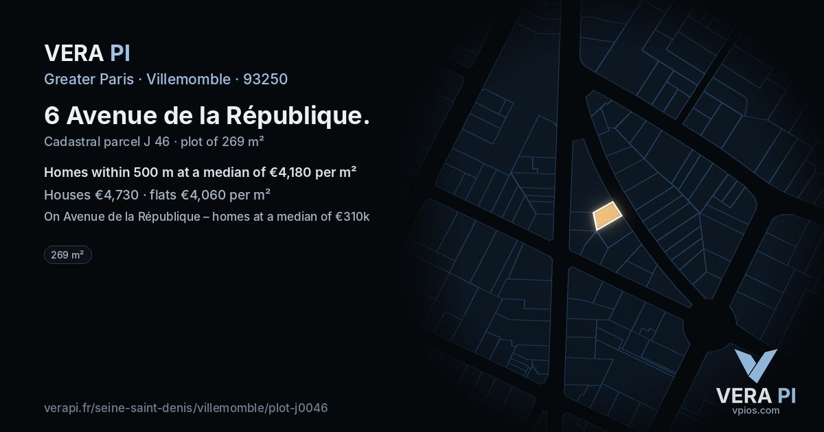 6 Avenue de la République, Villemomble at night – the plot lit, the parcels around coloured by the prices near them