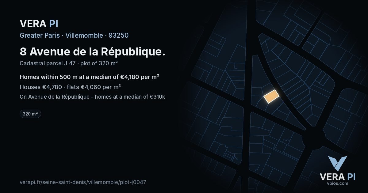 8 Avenue de la République, Villemomble at night – the plot lit, the parcels around coloured by the prices near them