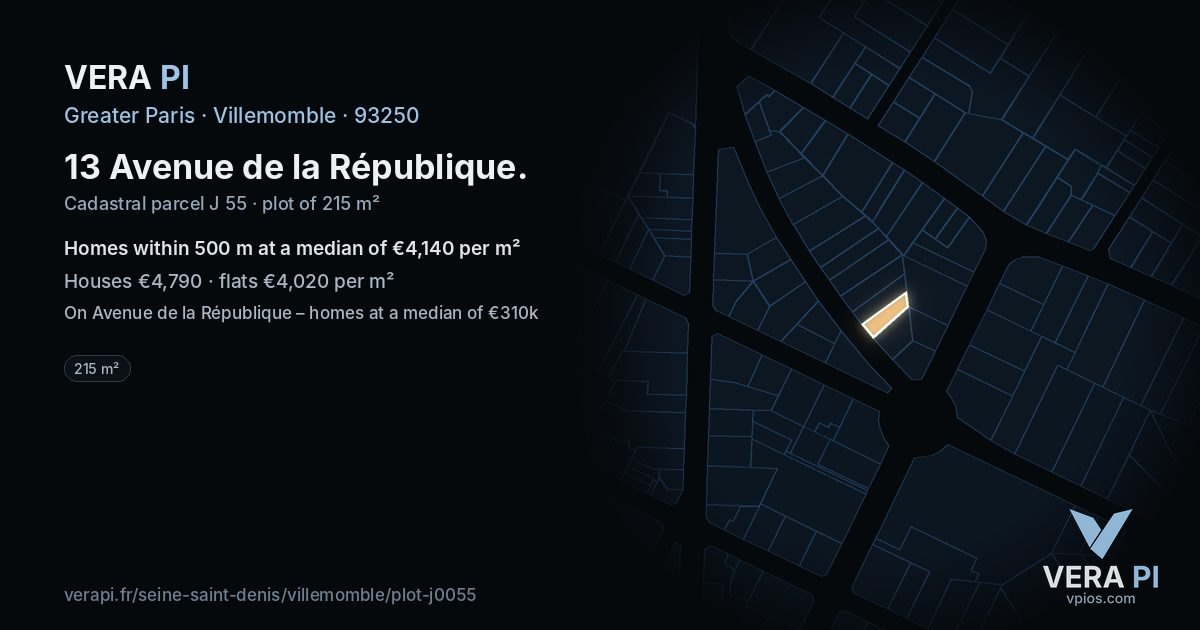 13 Avenue de la République, Villemomble at night – the plot lit, the parcels around coloured by the prices near them