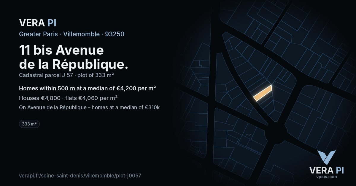 11 bis Avenue de la République, Villemomble at night – the plot lit, the parcels around coloured by the prices near them