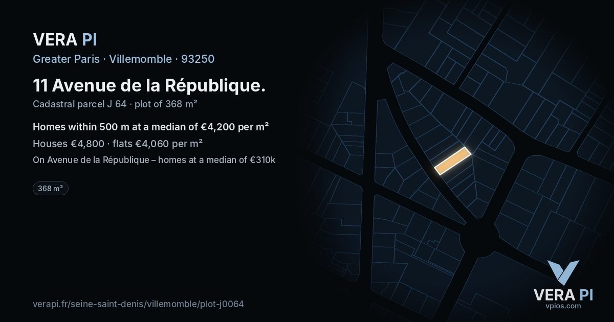 11 Avenue de la République, Villemomble at night – the plot lit, the parcels around coloured by the prices near them