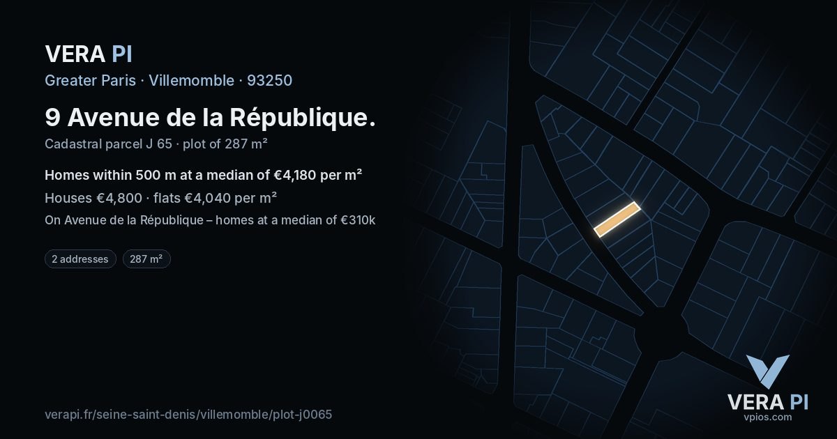 9 Avenue de la République, Villemomble at night – the plot lit, the parcels around coloured by the prices near them