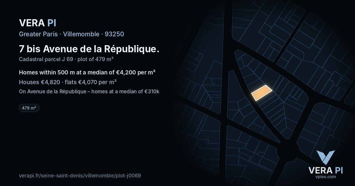 7 bis Avenue de la République, Villemomble at night – the plot lit, the parcels around coloured by the prices near them