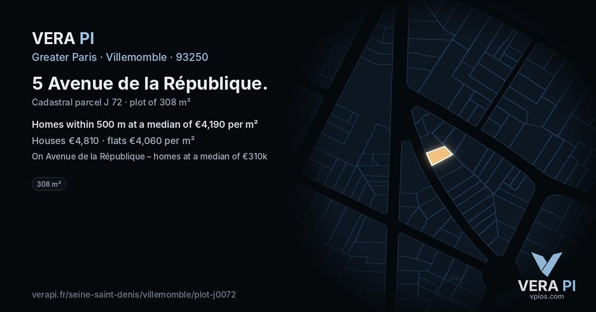 5 Avenue de la République, Villemomble at night – the plot lit, the parcels around coloured by the prices near them