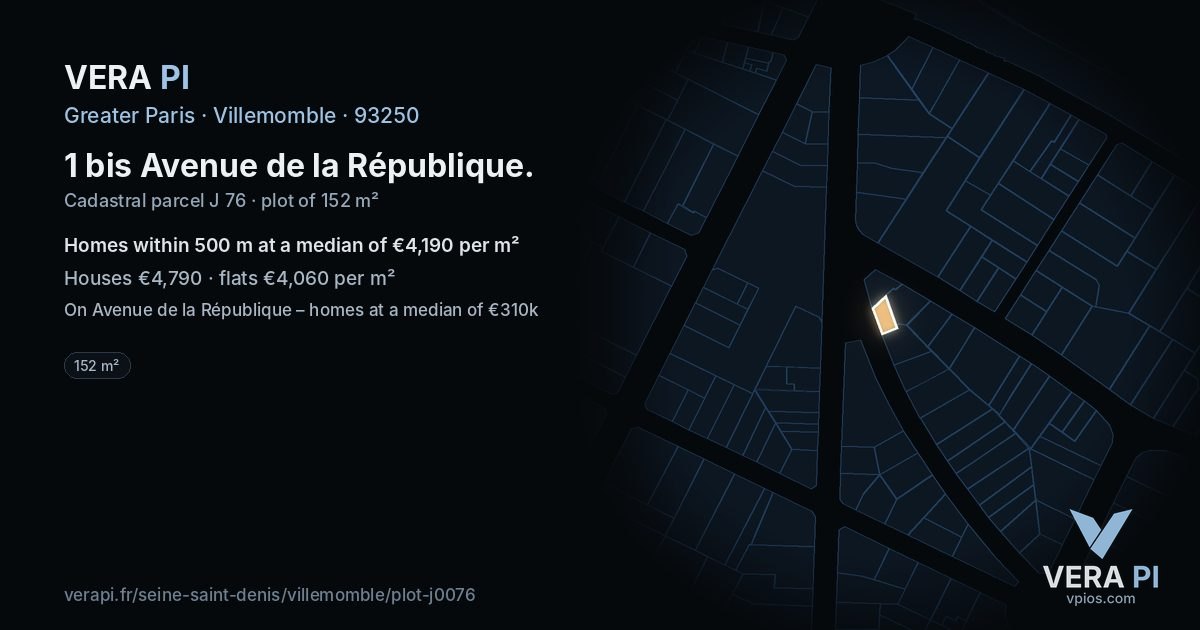 1 bis Avenue de la République, Villemomble at night – the plot lit, the parcels around coloured by the prices near them
