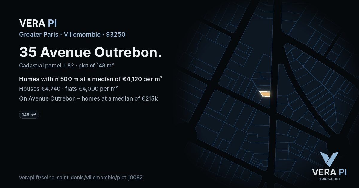 35 Avenue Outrebon, Villemomble at night – the plot lit, the parcels around coloured by the prices near them