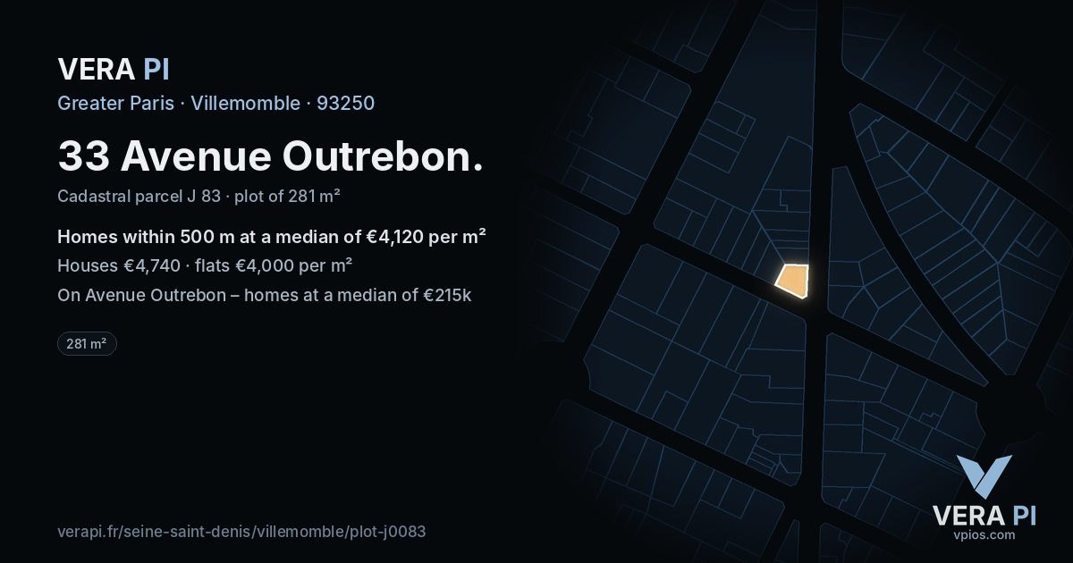 33 Avenue Outrebon, Villemomble at night – the plot lit, the parcels around coloured by the prices near them