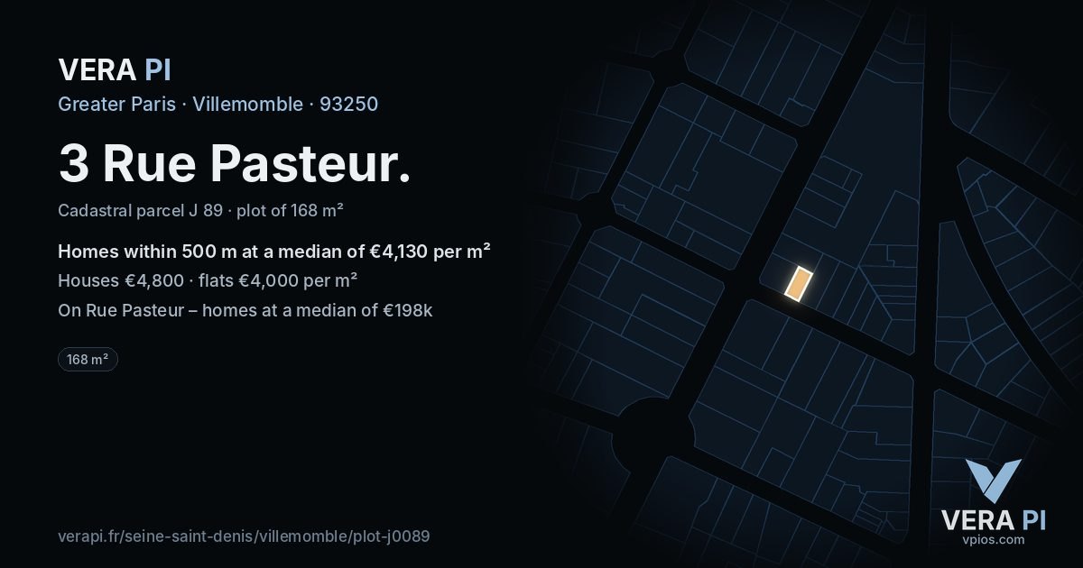 3 Rue Pasteur, Villemomble at night – the plot lit, the parcels around coloured by the prices near them