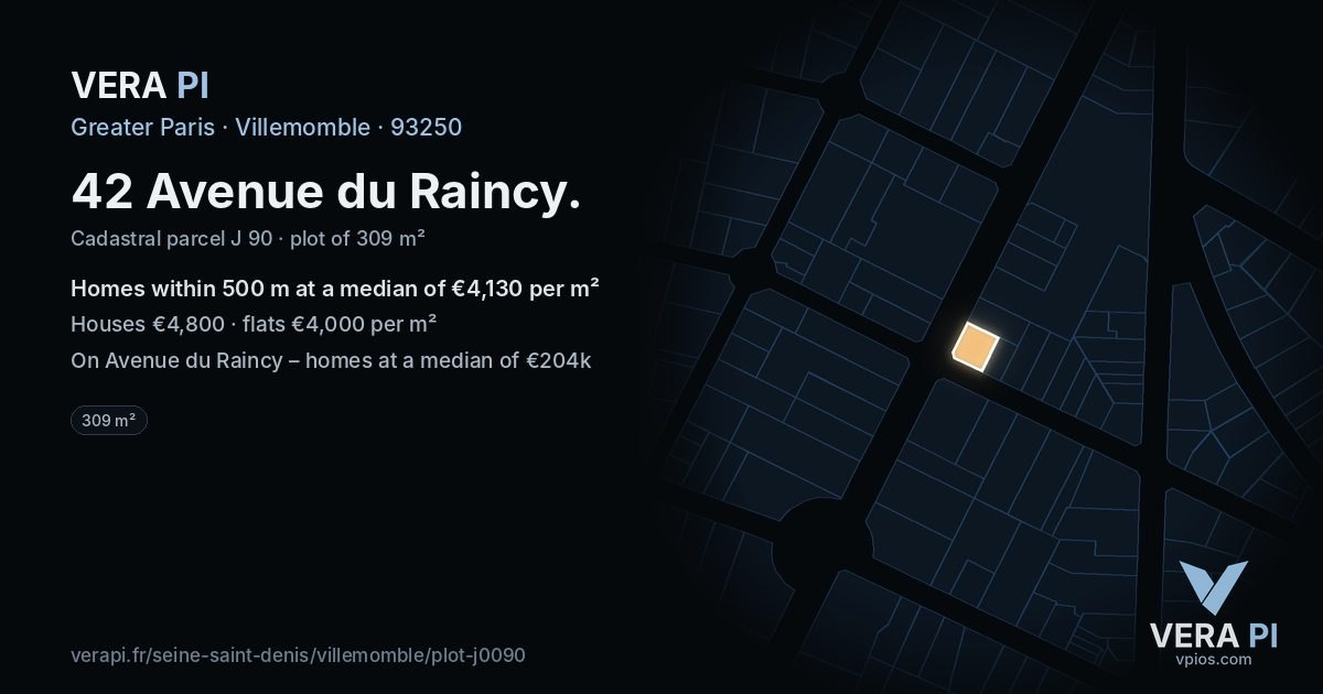 42 Avenue du Raincy, Villemomble at night – the plot lit, the parcels around coloured by the prices near them