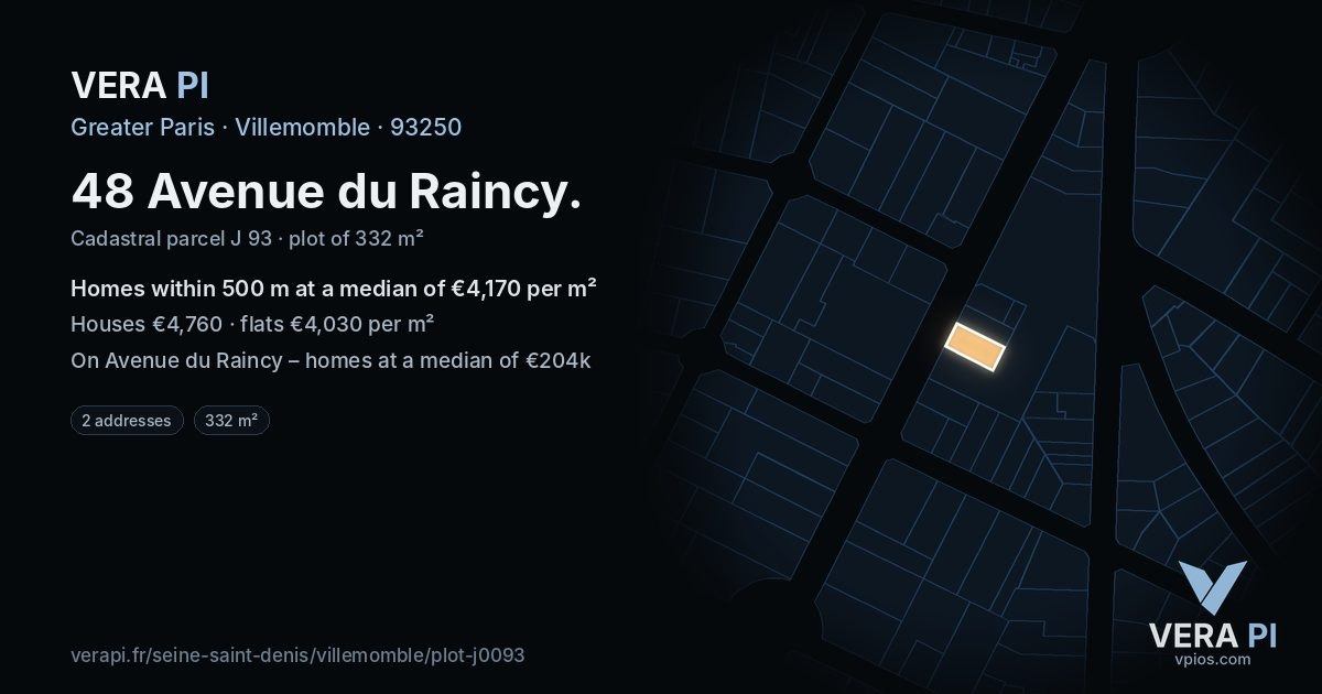 48 Avenue du Raincy, Villemomble at night – the plot lit, the parcels around coloured by the prices near them