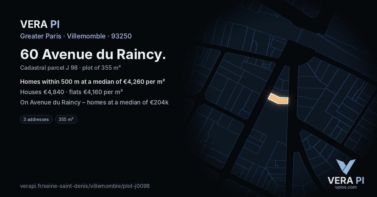60 Avenue du Raincy, Villemomble at night – the plot lit, the parcels around coloured by the prices near them