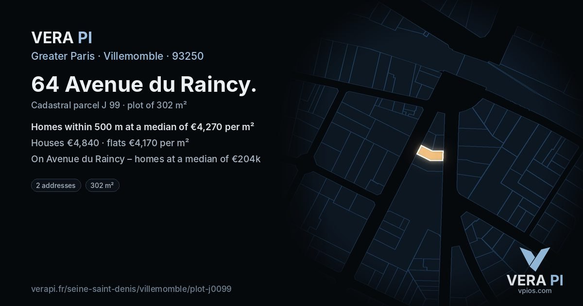 64 Avenue du Raincy, Villemomble at night – the plot lit, the parcels around coloured by the prices near them