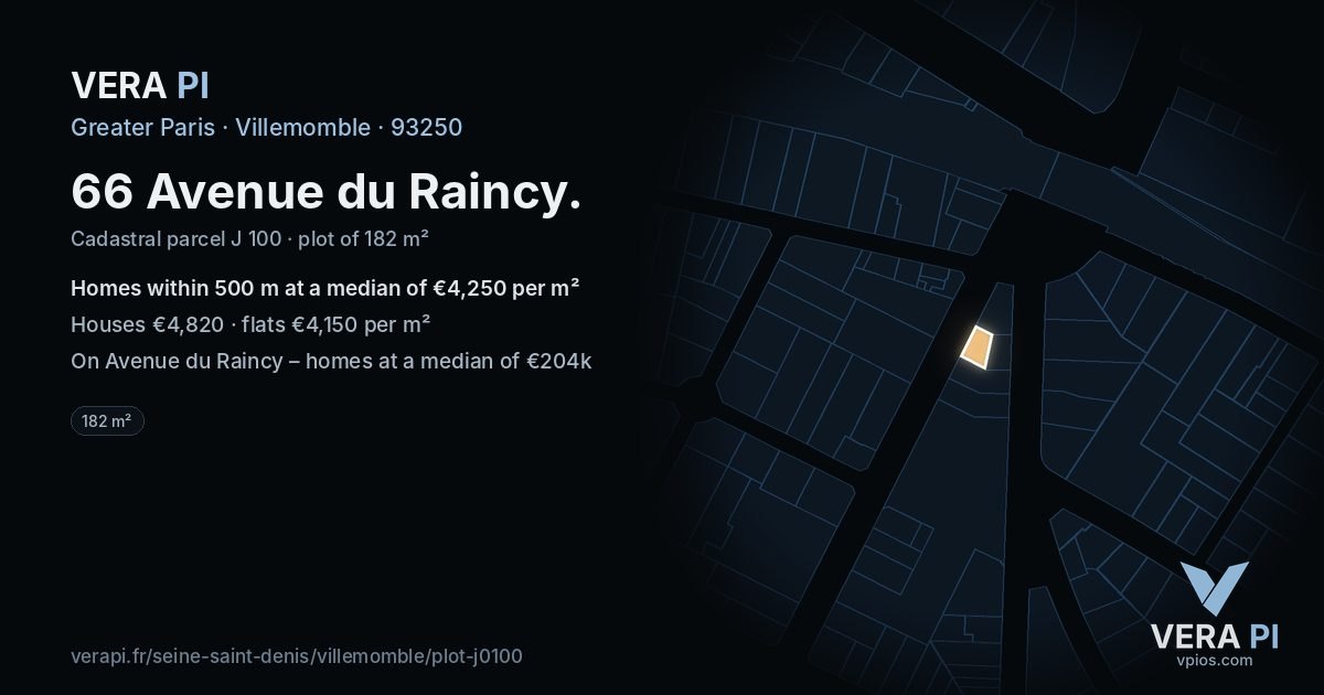 66 Avenue du Raincy, Villemomble at night – the plot lit, the parcels around coloured by the prices near them