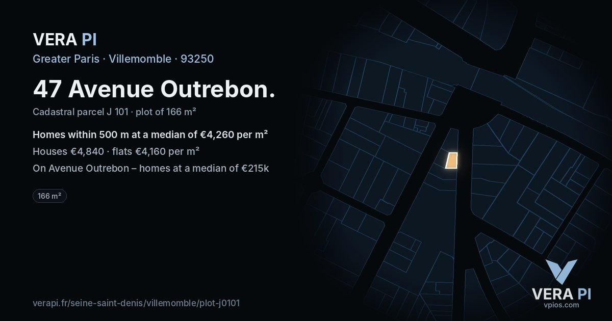 47 Avenue Outrebon, Villemomble at night – the plot lit, the parcels around coloured by the prices near them