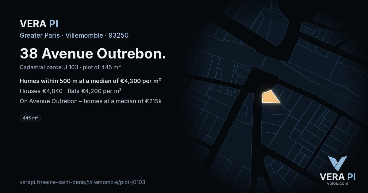 38 Avenue Outrebon, Villemomble at night – the plot lit, the parcels around coloured by the prices near them