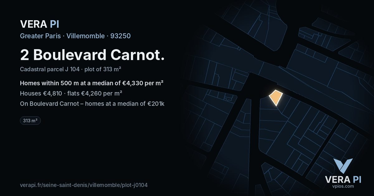 2 Boulevard Carnot, Villemomble at night – the plot lit, the parcels around coloured by the prices near them