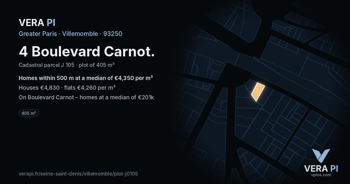4 Boulevard Carnot, Villemomble at night – the plot lit, the parcels around coloured by the prices near them