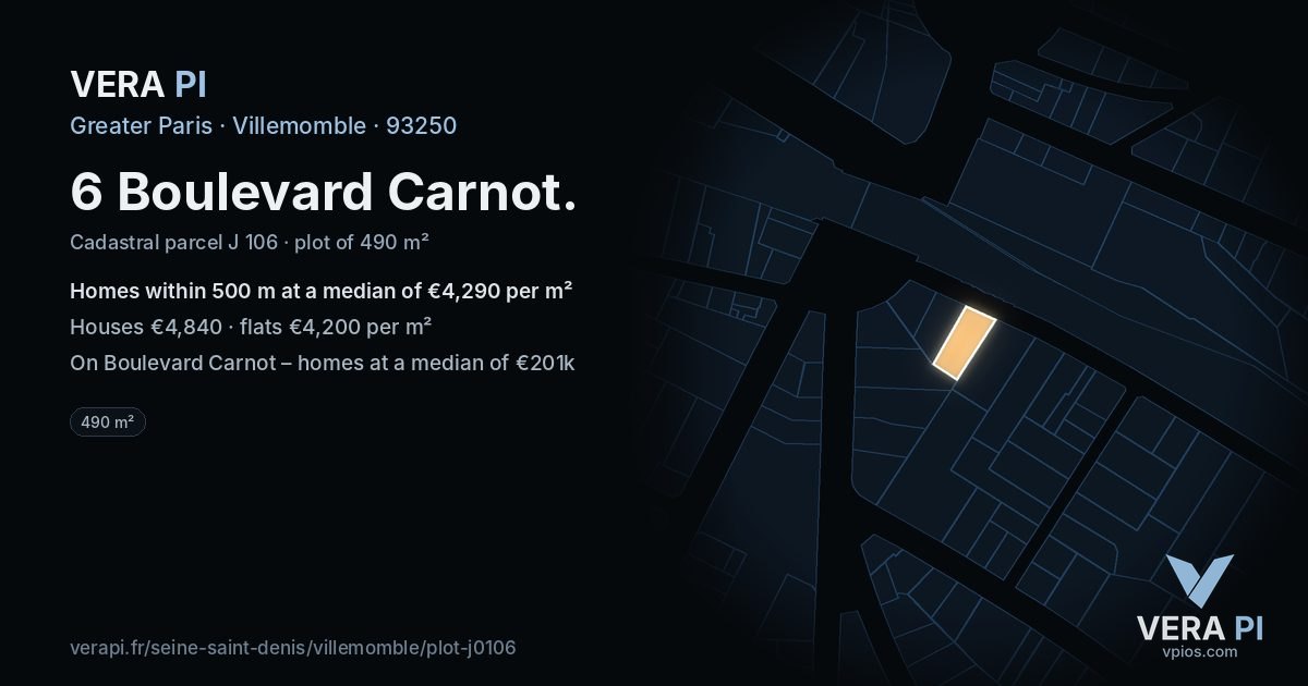 6 Boulevard Carnot, Villemomble at night – the plot lit, the parcels around coloured by the prices near them