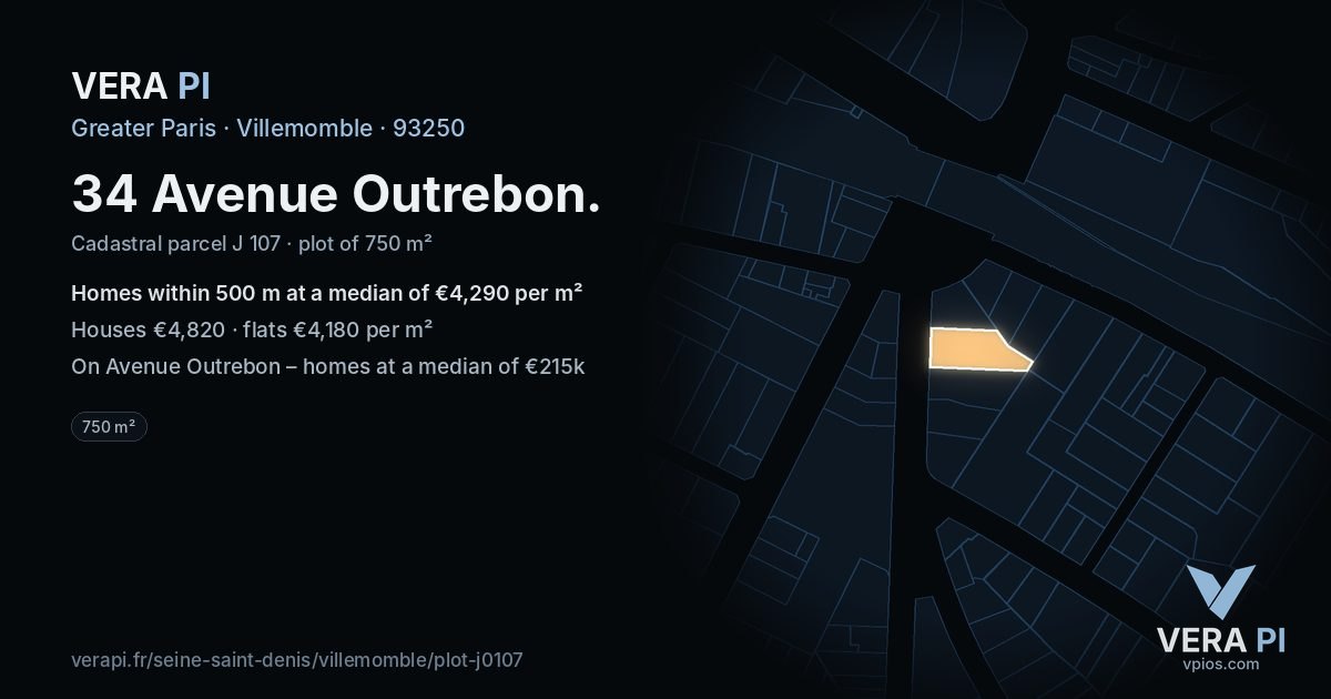 34 Avenue Outrebon, Villemomble at night – the plot lit, the parcels around coloured by the prices near them