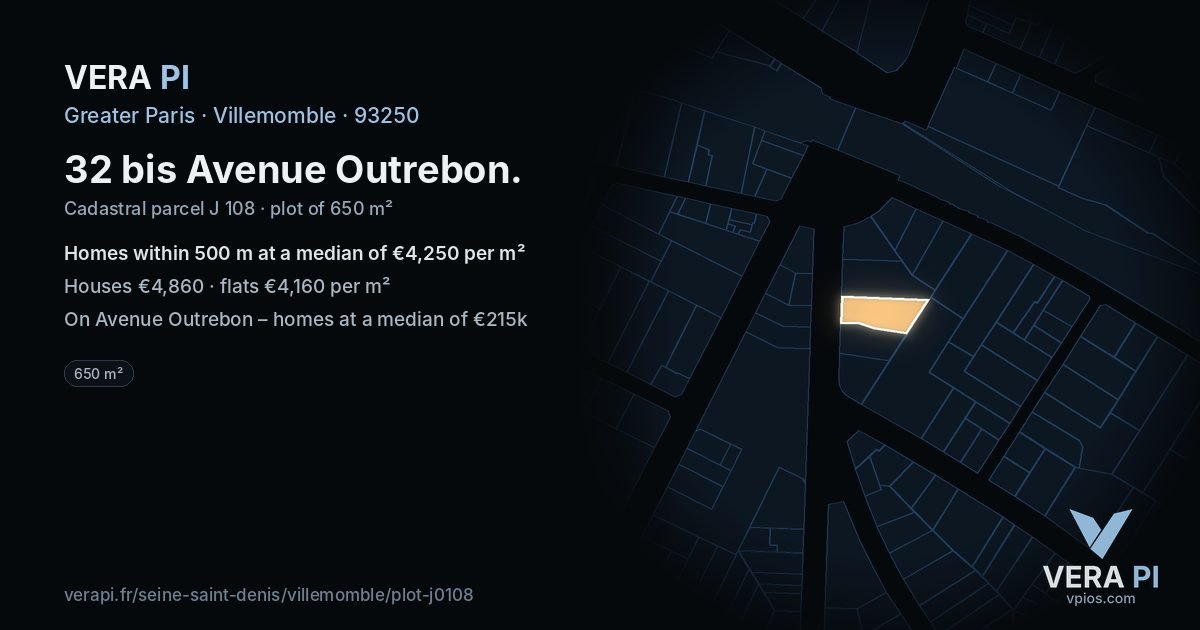 32 bis Avenue Outrebon, Villemomble at night – the plot lit, the parcels around coloured by the prices near them