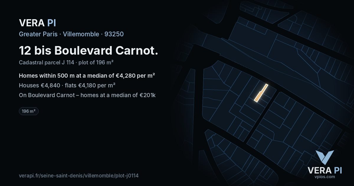 12 bis Boulevard Carnot, Villemomble at night – the plot lit, the parcels around coloured by the prices near them