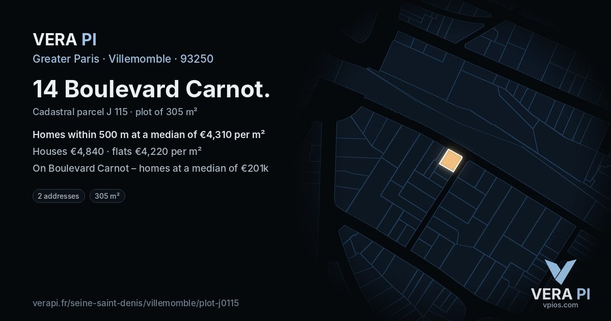 14 Boulevard Carnot, Villemomble at night – the plot lit, the parcels around coloured by the prices near them