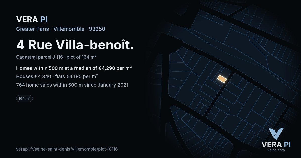 4 Rue Villa-benoît, Villemomble at night – the plot lit, the parcels around coloured by the prices near them