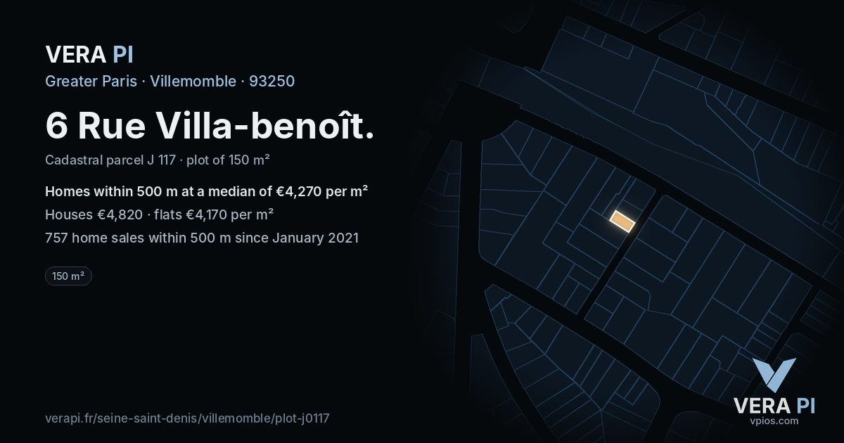 6 Rue Villa-benoît, Villemomble at night – the plot lit, the parcels around coloured by the prices near them