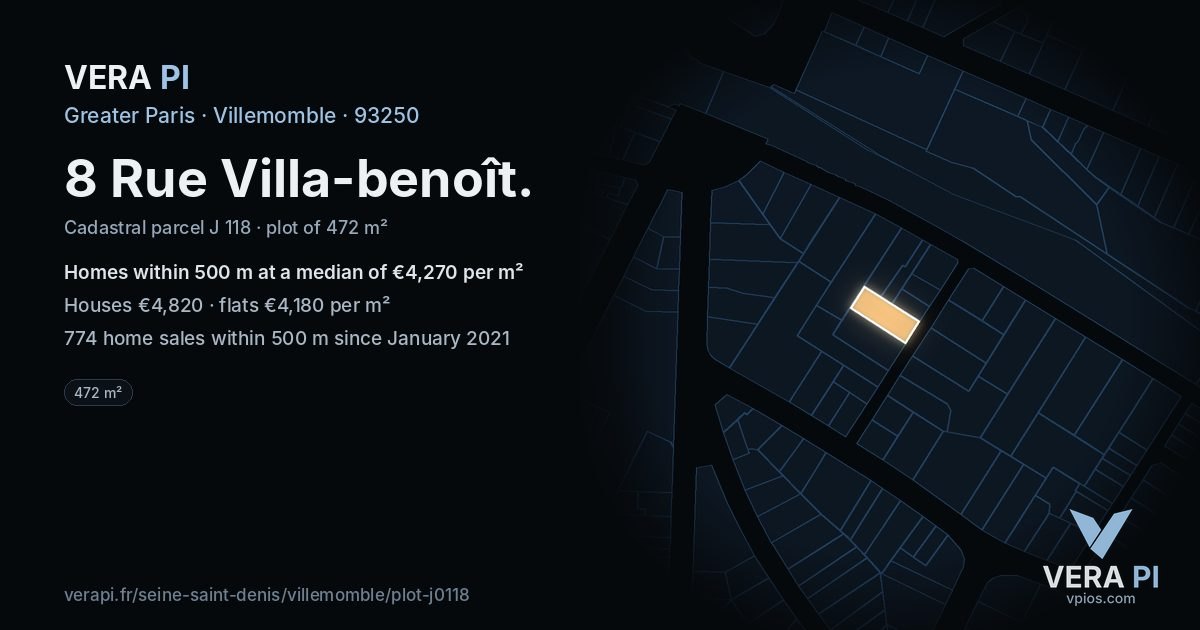8 Rue Villa-benoît, Villemomble at night – the plot lit, the parcels around coloured by the prices near them