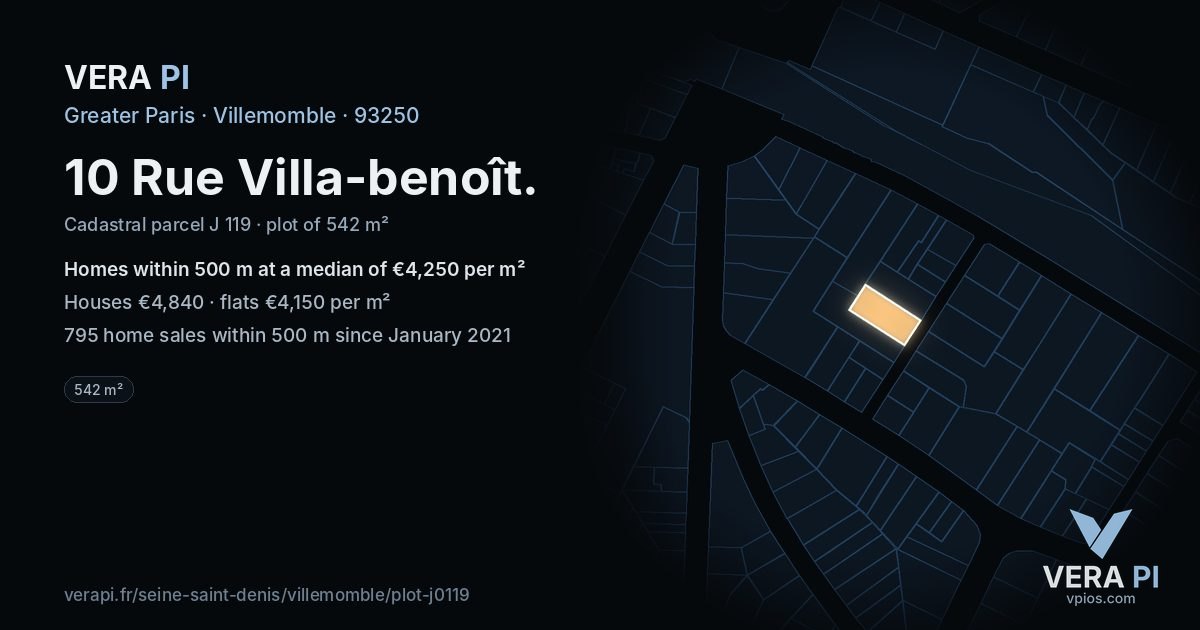 10 Rue Villa-benoît, Villemomble at night – the plot lit, the parcels around coloured by the prices near them