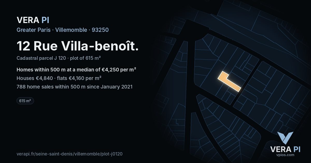 12 Rue Villa-benoît, Villemomble at night – the plot lit, the parcels around coloured by the prices near them