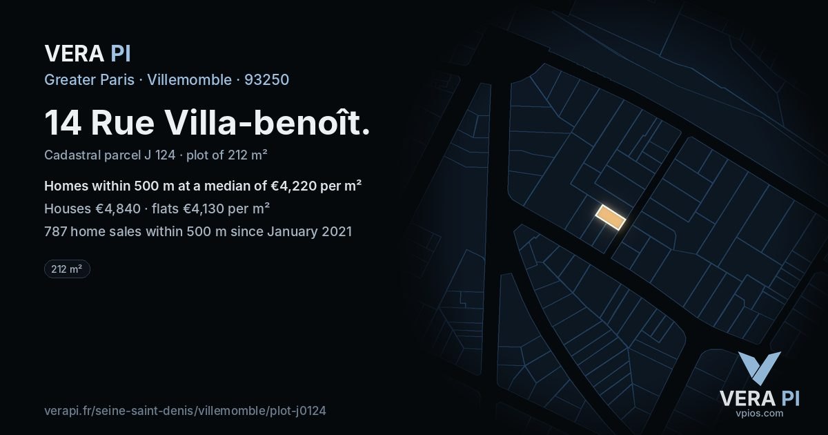 14 Rue Villa-benoît, Villemomble at night – the plot lit, the parcels around coloured by the prices near them